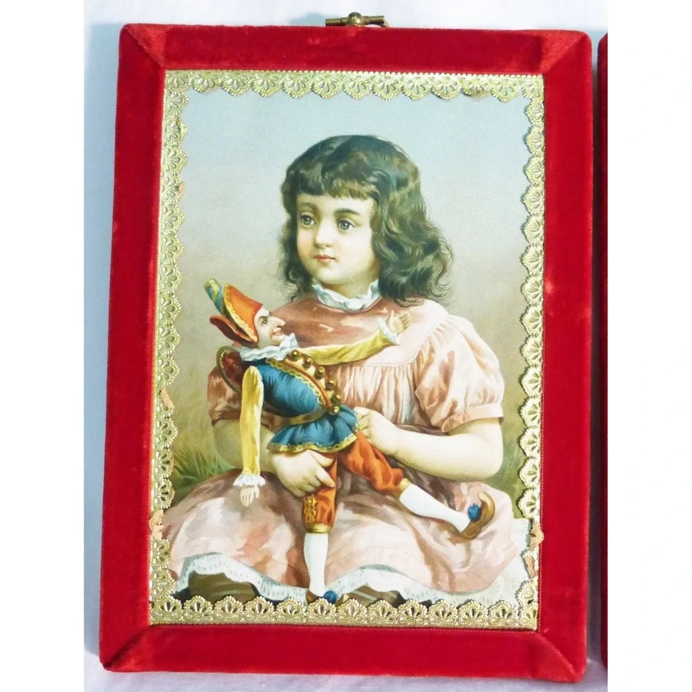 Vtg plaque wall home decor nostalgia 1880 print girls french Victorian set of 2